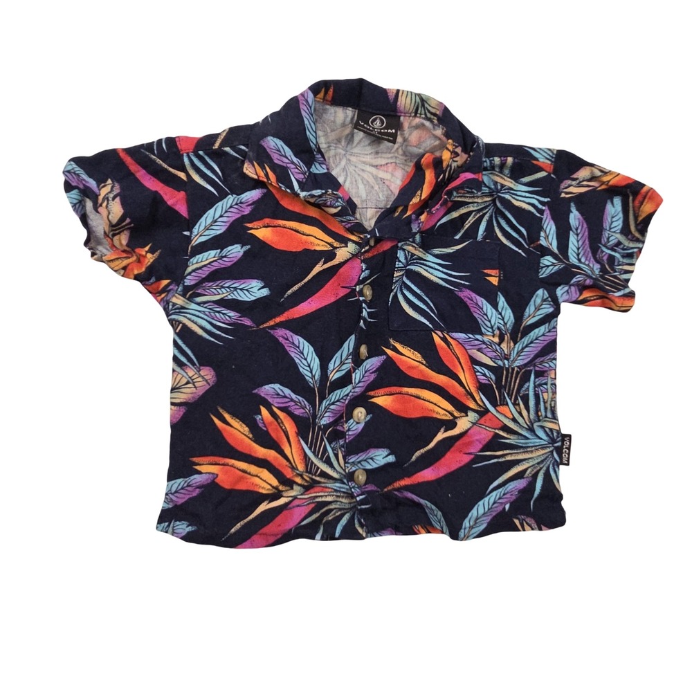 Volcom Toddler Boys 3T Hawaiian Shirt Tropical Bird of Paradise Linen Blend Navy